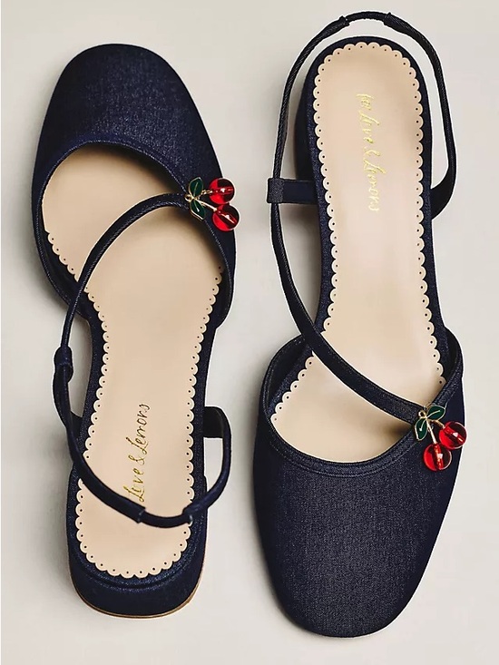 For Love And Lemons Shoes - For Love & Lemons Navy Slingback Flats with Red Cherry Accent